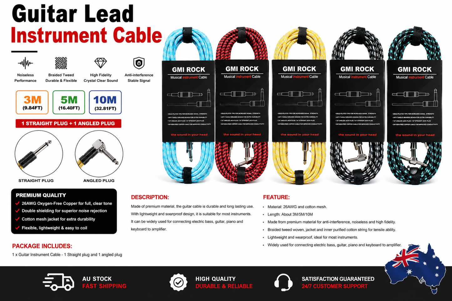 3M 5M 10M Guitar Lead Instrument Amp Cable Noiseless Audio Cable Braided Tweed
