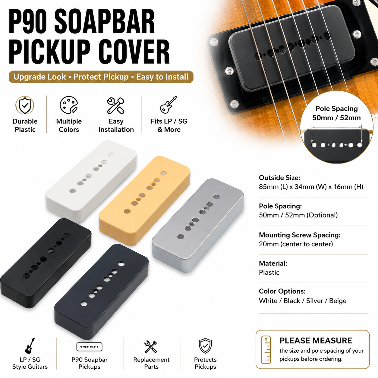 P90 Soapbar Pickup Cover 50mm 52mm Replacement LP SG Electric Guitar accessories