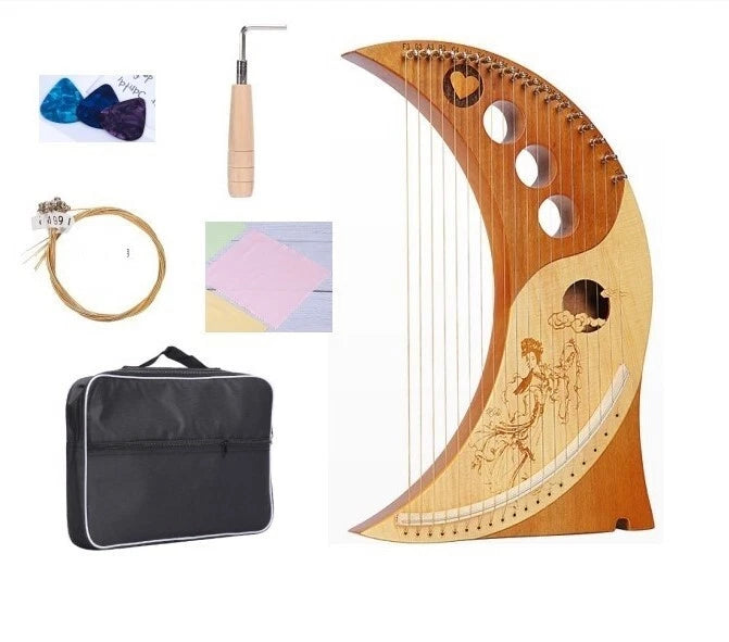 Lyre Harp Solid Mahogany 19 Metal Strings Moon shape Bags and accessories