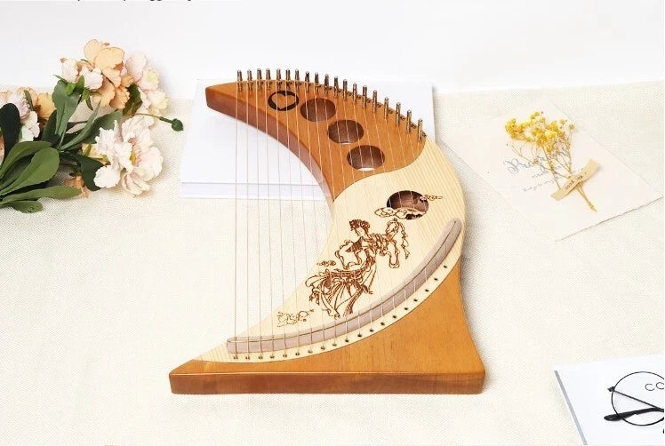 Lyre Harp Solid Mahogany 19 Metal Strings Moon shape Bags and accessories