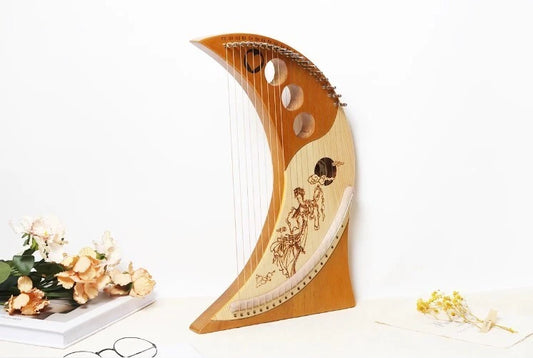 Lyre Harp Solid Mahogany 19 Metal Strings Moon shape Bags and accessories