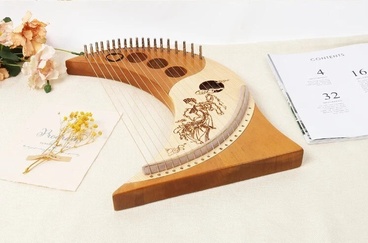Lyre Harp Solid Mahogany 19 Metal Strings Moon shape Bags and accessories