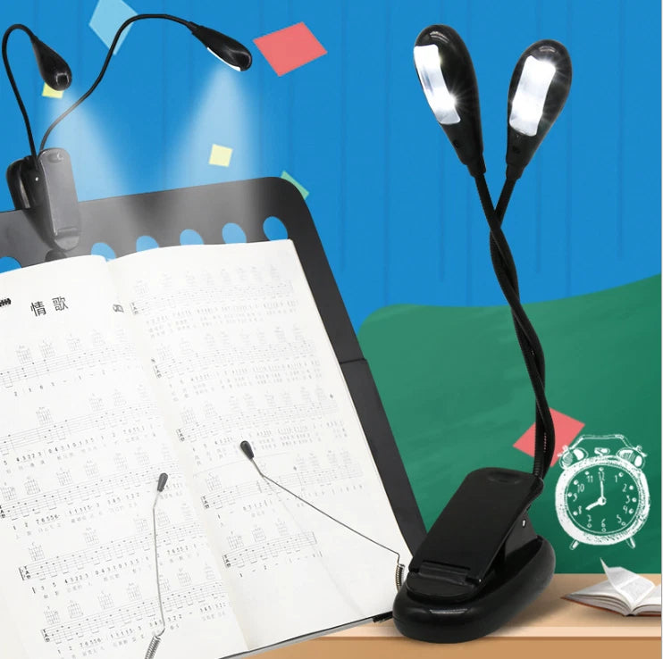 Two Dual Flexible Arms Four LED Clip-on Reading Lamp Piano Music Stand BookLight