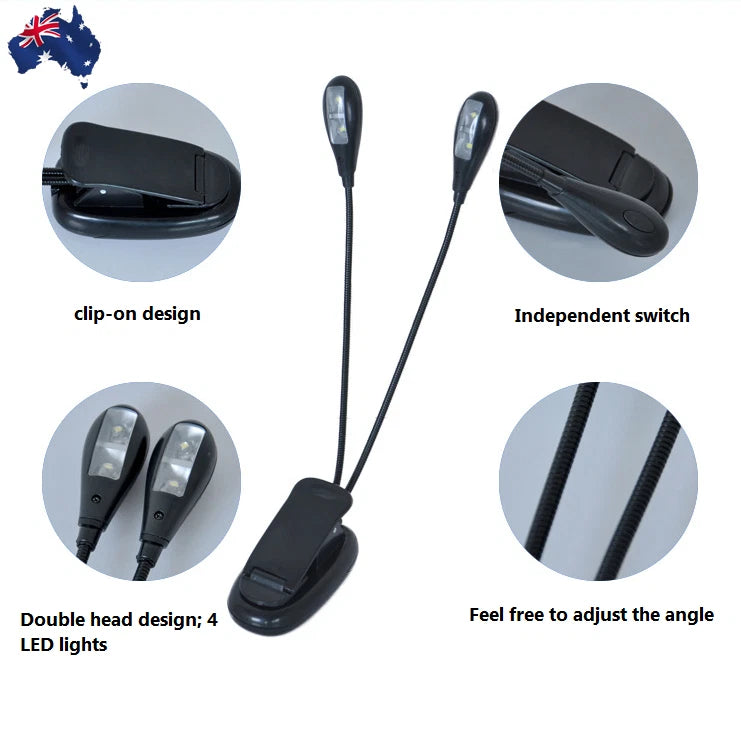 Two Dual Flexible Arms Four LED Clip-on Reading Lamp Piano Music Stand BookLight